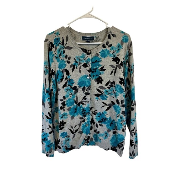 BEAUTIFUL‎ KAREN SCOTT GREY/TEAL FLORAL SWEATER BUTTON UP CARDIGAN. SZ L - Picture 1 of 10